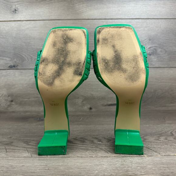 ZARA Heeled Sandals Women's 39 Green Square Toe Woven Block Heel Sandals - Picture 10 of 10